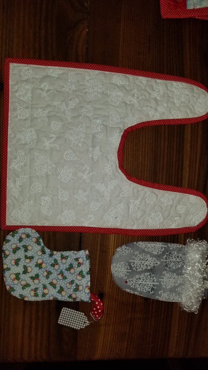 pieced quilted winter bib and stocking and bag