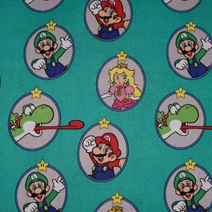 Super Mario World print green back ground From Springs Fabrics Licensed Print cotton quilt fabric Mario, Luigi, princess, Nintendo