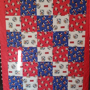 Beautiful Handmade twin to full Quilt pieced with Mickey and Minnie Mouse fabric by Diney for Springs Creative