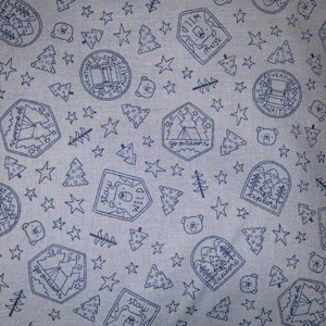 Camp Woodland  by Natalia Juan Abello for Riley Blake Scout badges and trees on denim background camping, bears. Tents, pinecones