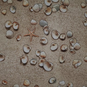 Landscape Melody Seashells on the beach for Elizabeth studios cotton quilt fabric sea shells, sand, pearls, ocean beach