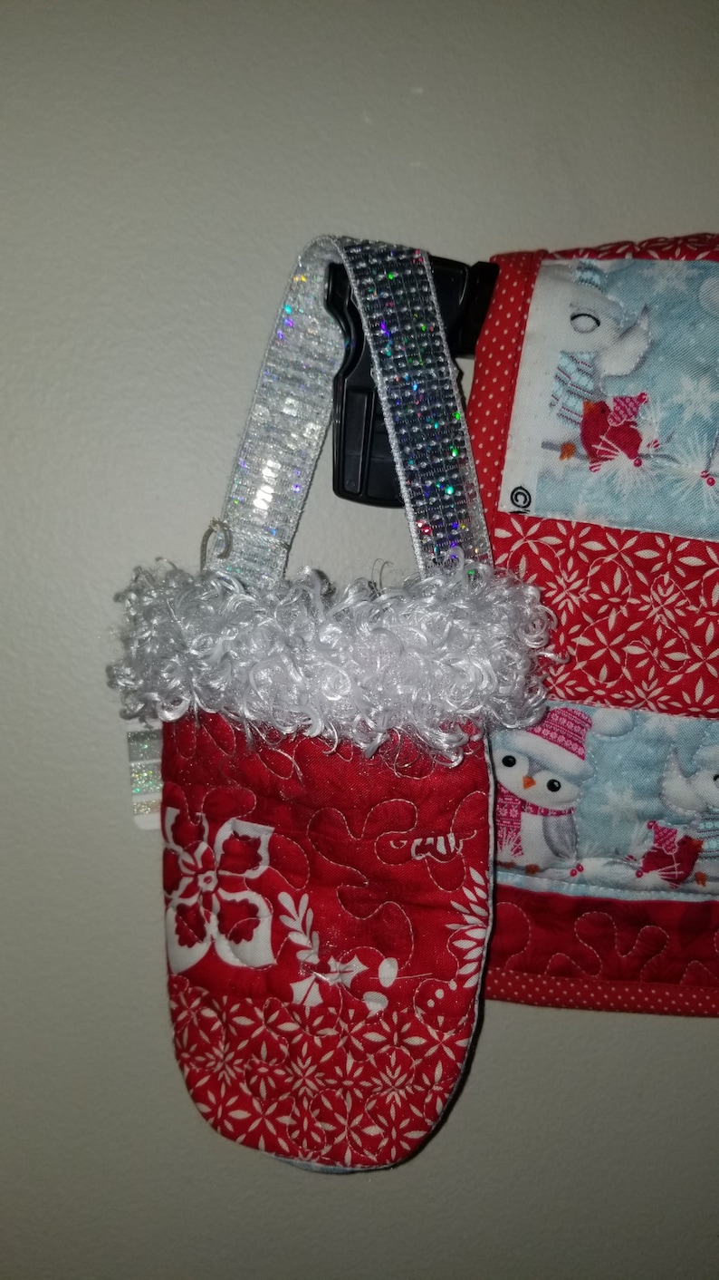 pieced quilted winter bib and stocking and bag