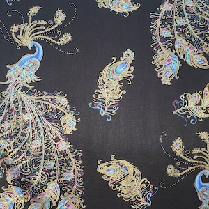 Peacock flourish by Benartex fabrics beautiful peacocks with metallic on black background cotton quilt fabric metallic feather, peacocks