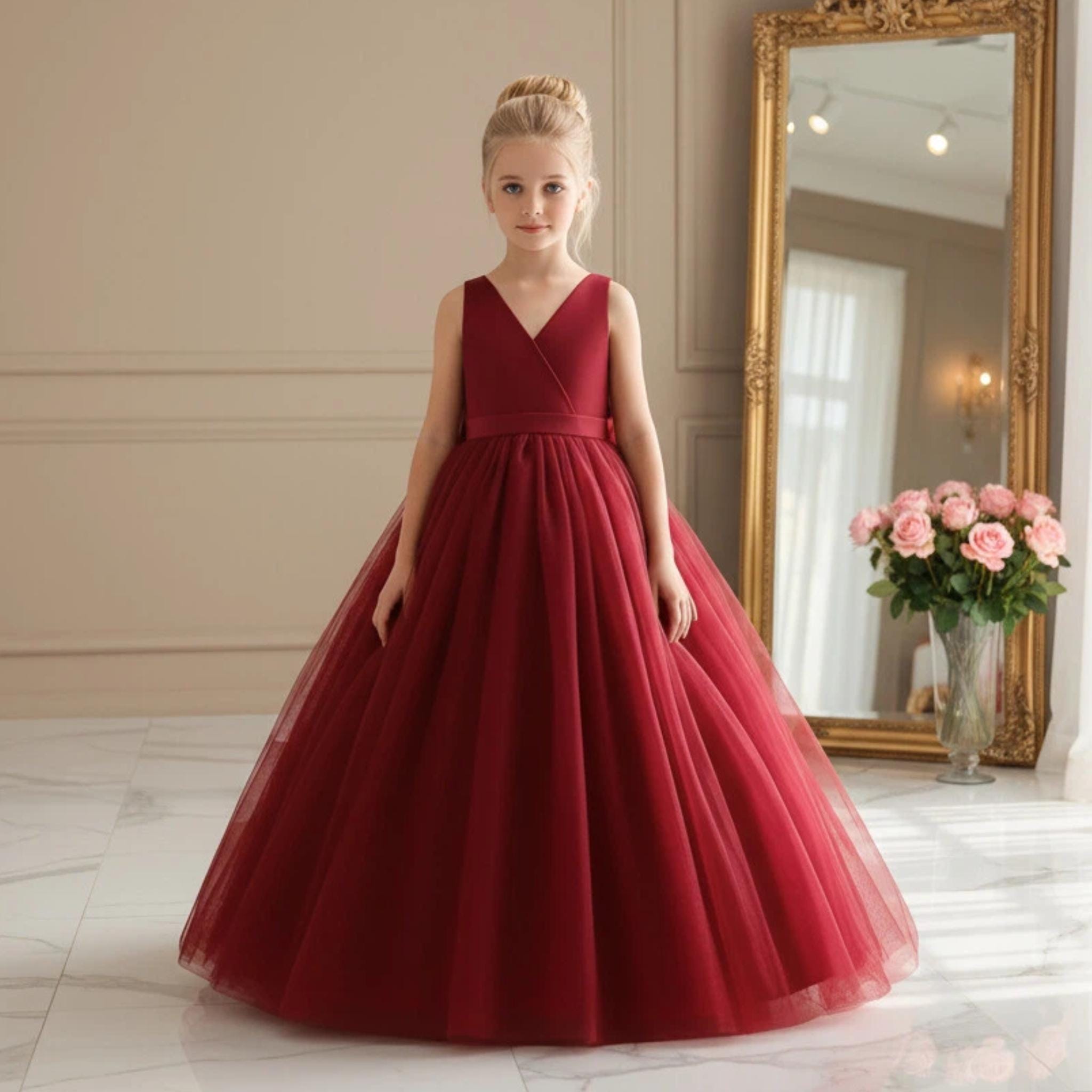 burgundy junior bridesmaid dresses uk Cap Sleeves Satin Jewel Junior Bridesmaid Dress  DUNTERY UK