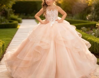 May include: A light peach-colored ball gown with a layered skirt and a detailed bodice. The dress features a sheer neckline and a sparkling tiara. The background shows a garden setting with sunlight.