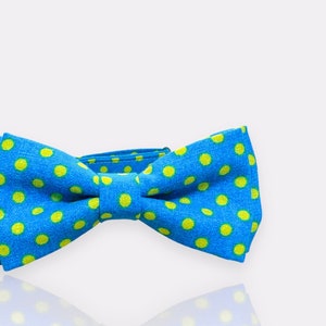 May include: A blue bow tie with yellow polka dots.