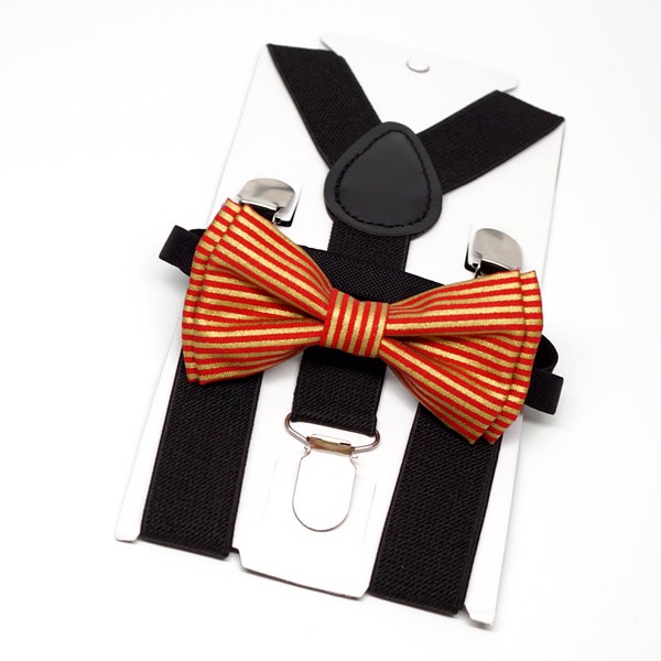 Suspenders + Bow Tie Set for boy - Black suspenders + Gold Striped Red bow tie