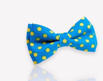 Roger Rabbit bow tie, Yellow Small Polka Dot Blue Bowtie  - pre-tied for all ages - wedding, ring bearer, groomsmen, bestman bow tie