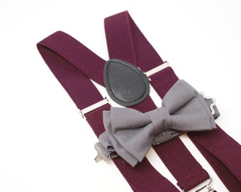 Suspenders + Bow Tie Set for baby boy to adult - Wine, Burgandy - burgandy and suspenders, gray bow tie, wedding, ringbearer gift