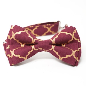Burgundy and Gold, Quatrefoil Metallic Bow Tie for all ages - Pre-tied bowtie - ring bearer, wedding day, photo prop, church, party, holiday