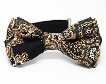 Special Bow Tie - Lace Medallion Metallic Gold on Black Bow Tie for all ages - pre tied bowtie, wedding, ring bearer, photo prop, holiday