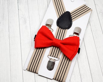 Suspenders + Bow Tie Set for boy - Beige Stripe suspenders + Red bow tie