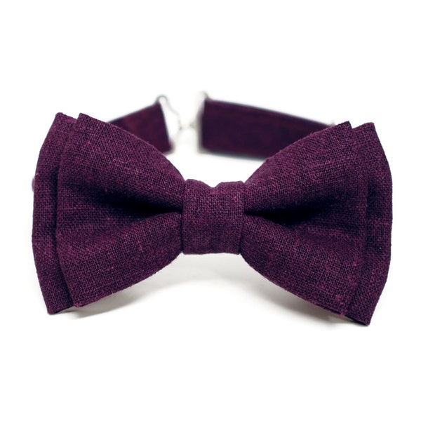 Plum Linen Bow Tie for Boys, Toddlers, Baby - pre tied bowtie, wedding, ring bearer, photo prop