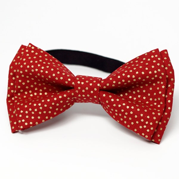 Christmas Bow Tie - Gold dotty Red Bow Tie for Boys, Toddlers, Baby - pre tied bowtie, wedding, ring bearer, photo prop, holiday