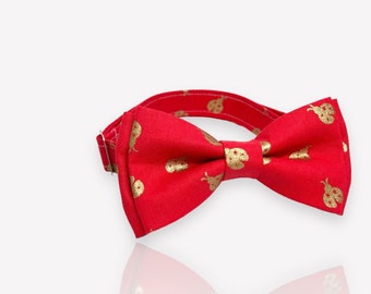 Gold lady bug on Red Bow Tie for all ages - Pre-tied bowtie - ring bearer, wedding day, photo prop, church, party, holiday, valentines