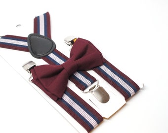 Suspenders + Bow Tie Set for boy - Wine, Burgandy - burgandy and navy stripe suspenders, burgandy wedding, ringbearer gift