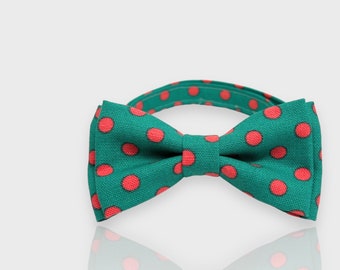 Red polka dot in Green Bow Tie for All ages - pre tied bowtie, wedding, photo prop, ring bearer, holiday or church