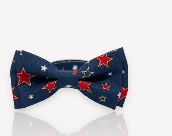 Stars of Gold and Red On Navy Bow Tie for all ages - Pre-tied bowtie - ring bearer, wedding day, photo prop, church, party, holiday