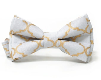 Grey and Gold, Quatrefoil Metallic Bow Tie for all ages - Pre-tied bowtie - Wedding bow tie- groom's bow tie- Groomsmen bowtie- ring bearer