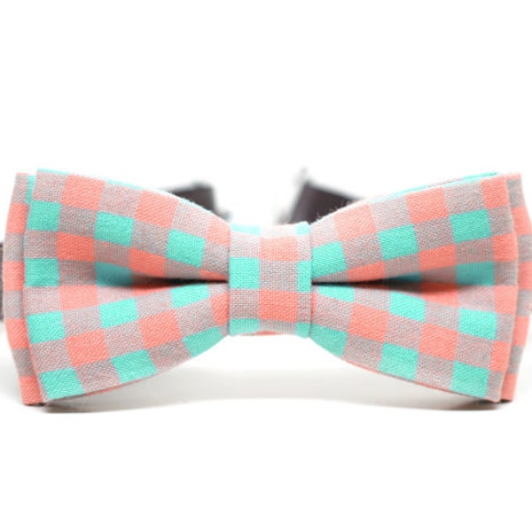 Bowtie for Boys,Toddlers, Baby in mint and coral check fabric