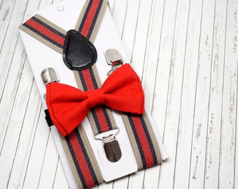 Suspenders + Bow Tie Set for boy - Stripe suspenders + Red bow tie