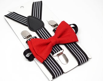 Suspenders + Bow Tie Set for boy - Black Stripe suspenders + Red linen bow tie