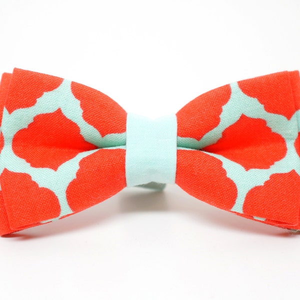 Dark Coral and Mint Merletto Fiesta pre-tied bowtie for Boys, Toddlers, Baby - adjustable strap/ classic clip on, wedding day, ring bearer