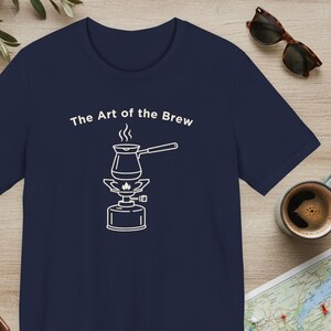 The Art of the Brew Camping Coffee Shirt, Coffee Lover Gift, Minimalist Barista Tee, Line Art Outdoor Graphic Apparel, Nature Lover Present Navy