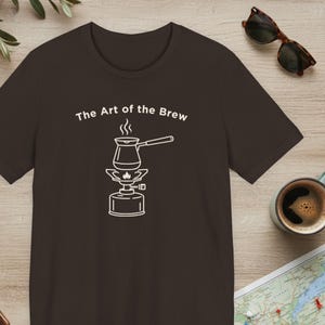 The Art of the Brew Camping Coffee Shirt, Coffee Lover Gift, Minimalist Barista Tee, Line Art Outdoor Graphic Apparel, Nature Lover Present Brown