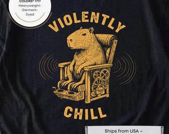 Violently Chill Capybara Comfort Colors Shirt, Cute Steampunk Animal Linocut Tee, Sarcastic Meme Graphic Tee, Funny Chill Vibes T-Shirt Gift