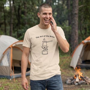 The Art of the Brew Camping Coffee Shirt, Coffee Lover Gift, Minimalist Barista Tee, Line Art Outdoor Graphic Apparel, Nature Lover Present image 3