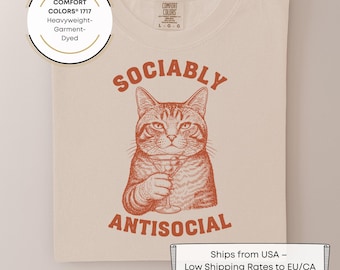 Sociably Antisocial Cat Shirt, Funny Introvert Linocut T-Shirt, Sarcastic Cat Lover Gift, Retro Martini Cocktail Graphic Tee, Comfort Colors