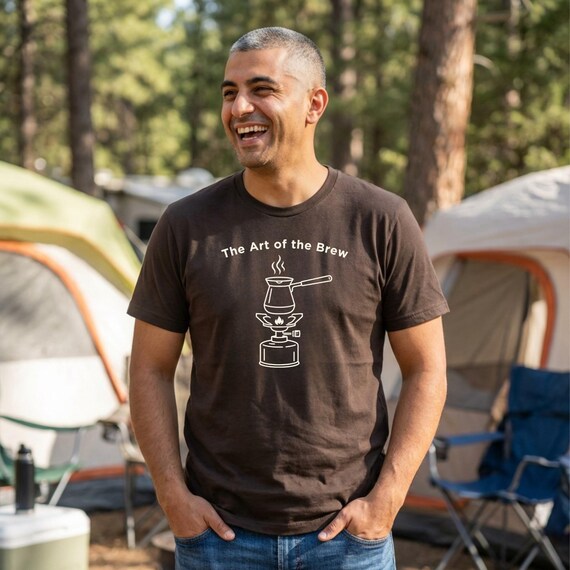 The Art of the Brew Camping Coffee Shirt, Coffee Lover Gift, Minimalist Barista Tee, Line Art Outdoor Graphic Apparel, Nature Lover Present