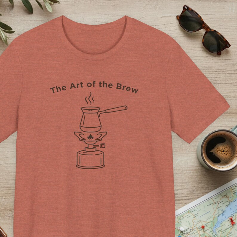 The Art of the Brew Camping Coffee Shirt, Coffee Lover Gift, Minimalist Barista Tee, Line Art Outdoor Graphic Apparel, Nature Lover Present Heather Clay