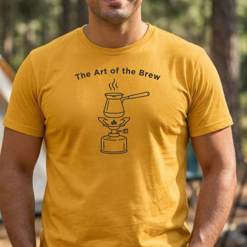 The Art of the Brew Camping Coffee Shirt, Coffee Lover Gift, Minimalist Barista Tee, Line Art Outdoor Graphic Apparel, Nature Lover Present image 2
