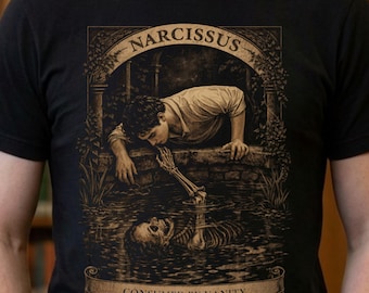 Narcissus Consumed by Vanity Shirt, Dark Academia Clothing, Greek Mythology T-Shirt, Memento Mori Skeleton Graphic Tee, Gothic Literary Gift