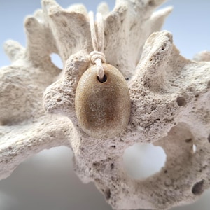 Könnte beinhalten: Ein beigefarbener, ovaler Anhänger mit einem Loch oben, der an einer beigen Schnur hängt. Der Anhänger liegt auf einer strukturierten, cremefarbenen korallenartigen Struktur. Der Anhänger hat ein natürliches, erdiges Aussehen.