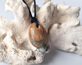 Clay hand formed Pendant Necklace – Ochre and Grey, Cotton Cord