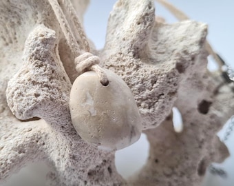 Raw Stone Pendant: Cream Beach Pebble Necklace, Stainless adjustable Fastening
