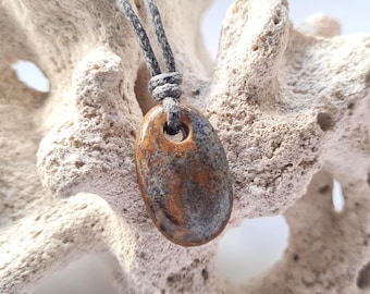 Clay hand formed Pendant Necklace – Ochre and Grey, Cotton Cord