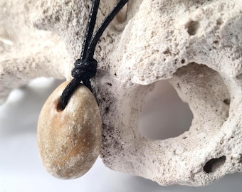 Clay hand formed pendant. Soft Sandy glaze. Custom cord colour and length.