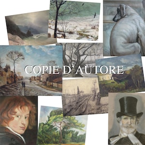 Può includere: Una collezione di varie stampe artistiche, tra cui paesaggi, ritratti e opere astratte. Le stampe presentano diversi stili e palette di colori, con testo "COPIE D'AUTORE".