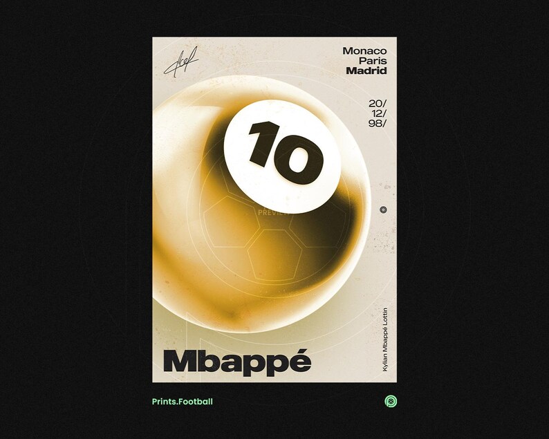May include: A poster with a golden soccer ball design featuring the number 10 in a white circle. The name "Mbapp&eacute;" is displayed in white text at the bottom, with "Prints.Football" below it. The poster also includes the cities Monaco, Paris, and Madrid.