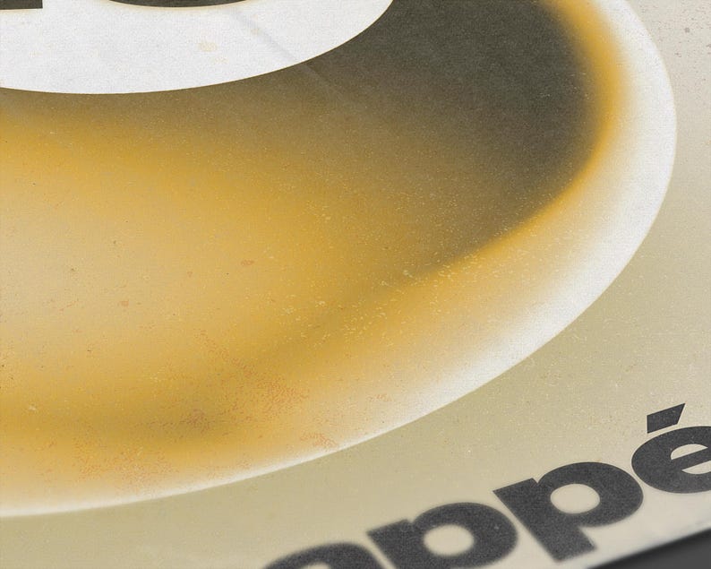 May include: Close-up of a poster with a gradient of yellow and brown colors. The top portion is white with a large black letter. The word "app&eacute;" is visible in black at the bottom right corner. The poster has a vintage aesthetic.