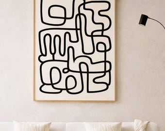 Lámina de arte abstracto lineal: Decoración de pared minimalista moderna en negro y beige (Descarga digital)