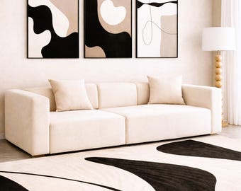 Juego de 3 láminas de arte abstracto en beige y negro con formas orgánicas (descarga digital).