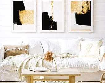 Arte de pared abstracto en oro negro: decoración minimalista moderna (descarga digital)