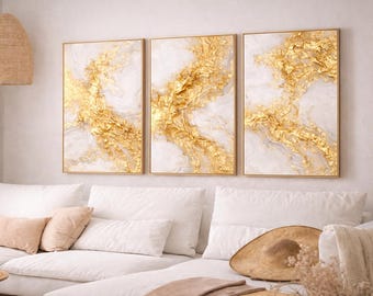Conjunto de arte mural abstracto dorado, tríptico de mármol neutro (descarga digital)