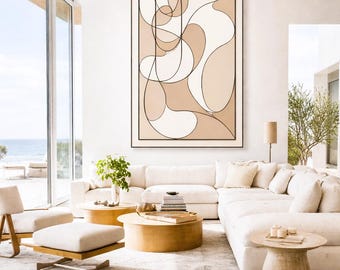 Lámina abstracta de líneas en tonos beige y negro, decoración de pared panorámica moderna y neutra (descarga digital).