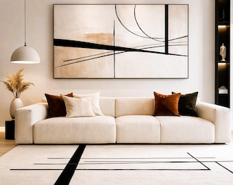 Arte mural geométrico moderno / Arte abstracto lineal en tonos beige y negro (descarga digital)